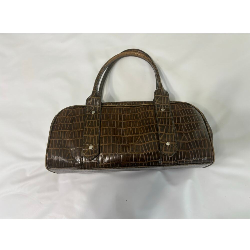 Faux crocodile-embossed leather handbag, barrel/satchel style, brown